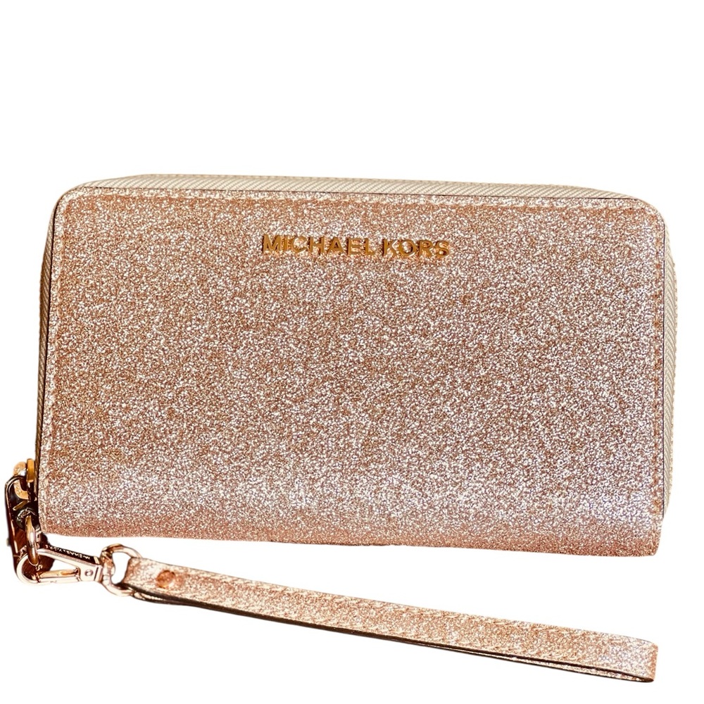 NWOT Michael Kors Rose Gold Glitter Zip-Around Wristlet